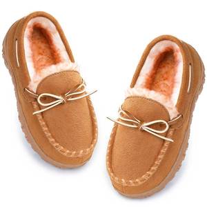 lot 8261 image: NCCB Girls Slippers Moccasin Memory Foam Winter Fluffy Lining Anti-skid Indoor Outdoor Shoes Beige Size Big Kid 2