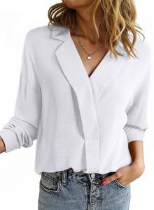 lot 8267 image: Astylish Womens Business Casual Tops 2025 Fall Flowy Long Sleeve Placket V Neck Oversized Fit Soft Shirts Blouses White Large