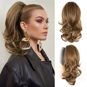 lot 8272 image: 14 Inch Ponytail Extension - Soft Wavy Pony Tails Hair Extensions, Claw Clip Ponytail Extension, Synthetic Hair Extensions Ponytail, Clip in Ponytail (Color Light Brown With Blonde Highlights)