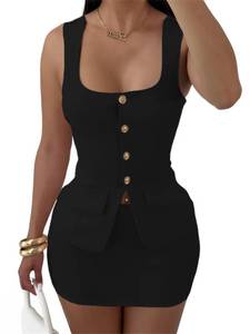 lot 8294 image: Size Small Lingt Chic Womens Summer 2 Piece Outfit Sleeveless Blazer Vest Mini Skirt Set Elegant Button-Up Suit Matching Workwear Black