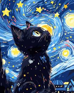 lot 8301 image: Yunnuo Paint by Numbers for Adults Black Cat, Paint by Numbers Kit on Canvas for Beginners, Starry Night Number Painting Set Craft Supplies, 3 Paintbrushes and Acrylic Paint 16x20 Inch