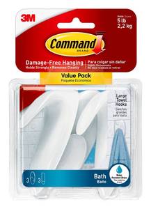 lot 8302 image: Command Bath Large Towel Hook Value Pack, Clear Frosted, 3-Large Hooks, 3-Water-Resistant Strips, Organize Damage-Free