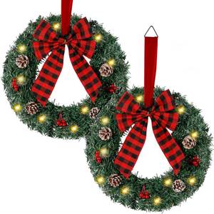 lot 19696 image: Zcaukya 2 Packs Pre-lit Christmas Wreaths, 14 Inch Buffalo Check Bowknot Wreath with 8 Lighting Modes String Lights, Artificial Front Door Wreath for Xmas Hanging Decor, with Timer
