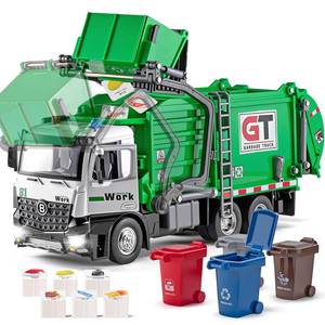 lot 19718 image: HAPYAD Garbage Truck Toys Metal Cab, Realistic Trash Truck Toys for Boys Kids with Lights and Sounds, Friction Powered Recycling Vehicles, Front Loader with Dumpster, 4 Trash Bins, 12