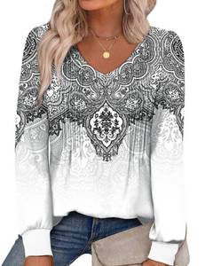 lot 20243 image: Alaroo Women Blouses Long Sleeve Shirts 2025 Fall Winter Tunic Tops Pleated V Neck Dressy Casual Trendy Print 37 XL