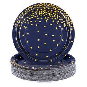 lot 20256 image: Aneco 60 Pieces 7 Inches Disposable Paper Plates Navy Blue Plate Blue and Gold Foil Dot Dessert Plate Round Paper Plates for Wedding Bridal Shower Birthday Party Decorations