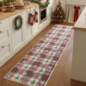 lot 20290 image: Christmas Runner Rug for Kitchen Hallway, Non Slip Washable 2x8 Red Green Vintage Checkered Tartan Plaid Traditional Farmhouse Holiday Tree Snowflake Carpet Runners for Bathroom Bedroom Entryway