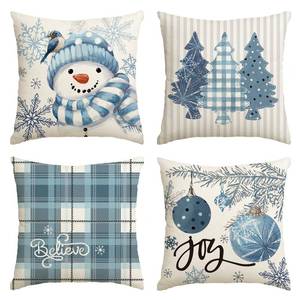 lot 20292 image: AVOIN colorlife Winter Snowman Joy Snowflake Christmas Throw Pillow Covers, 20 x 20 Inch Xmas Tree Winter Holiday Buffalo Plaid Cushion Case Decoration for Sofa Couch Set of 4