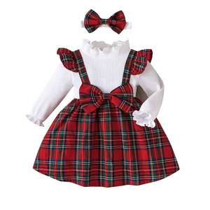 lot 20294 image: Christmas Toddler Girl Plaid Dress Long Sleeve Bow Patchwork Rib Ruffled Shirts Dress Baby Xmas Outfit (US, Age, 2 Years, 3 Years, Red)