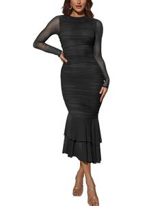 lot 20298 image: Atizon Elegant Ruched Bodycon Evening Dresses for Women Cocktail Party Formal Maxi Mermaid Dress Black, Small