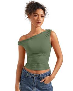 lot 20325 image: SUUKSESS Women Off Shoulder Tops Sleeveless Shirts Y2K Trendy Going Out Crop Tank Top (Army Green,S)