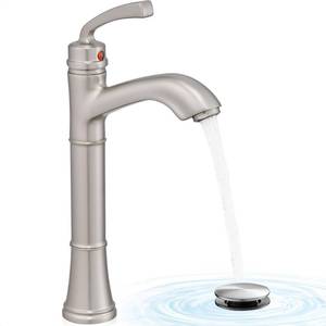 lot 20351 image: HEYMYTAP Brass Vessel Sink Faucet Brushed Nickel, Single Handle Tall Faucet for Bathroom Sink One Hole with Pop-Up Drain & Water Hoses, Save Water
