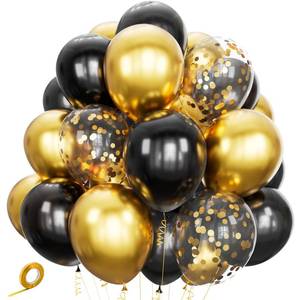 lot 20378 image: Black Gold Confetti Balloons 50 Pack 12 inch Black and Gold Metallic Latex Balloons with 1 Rolls of Ribbon for Birthday Graduation Celebration Party Decorations.