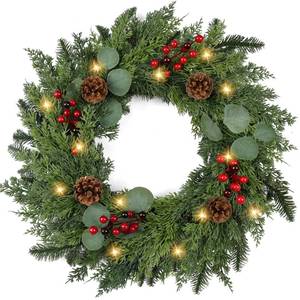 lot 1871 image: Christmas Wreath with Lights 24 Inch Real Touch Pine Wreath with Red BerriesPine Cone Prelit Christmas Wreaths for Front Door Outdoor Christmas Decorations Winter Wreath for Windows Indoor Holiday