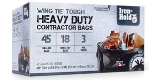 lot 1872 image: Iron-Hold Contractor Trash Bags - 45 Gallon, 18 Bags, Wing Tie Closure, 3 MIL Thick, Gusseted Bottom, Black - Heavy Duty Industrial Strength Garbage Bags