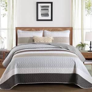 lot 1874 image: Dinjoy Grey Boho Quilt Set Queen Size,Fall Gray Bedding Sets Striped Patchwork Brown Bedspread Lightweight Micofiber Farmhouse Coverlet Bed with 2 Pillowshams for Men Winter Autumn