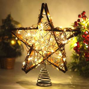 lot 1878 image: Christmas Tree Topper Star,Rattan Christmas Tree Topper with 50 LED Light,10 Inch Warm White Light Rustic Star for Christmas Tree Decoration Holiday Farmhouse Decor Battery & USB Powered