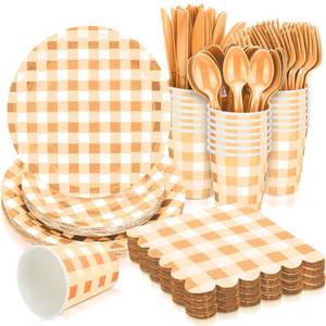lot 1894 image: Newtay 168 Pcs Gingham Party Supplies for 24 Guests Thick Paper Plates Knives Spoons Forks Napkins Cups Disposable Set Cutlery for Baby Shower 1st Birthday Wedding Party Favor(Orange)