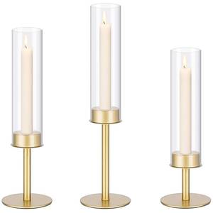 lot 1898 image: Gold Hurricane Candle Holders, Taper Glass Cover Candlestick, Tall Brass Candle Stick Decor for Table, Centerpiece, Wedding, Dinning, Party on Indoor and Outdoor, Set of 3