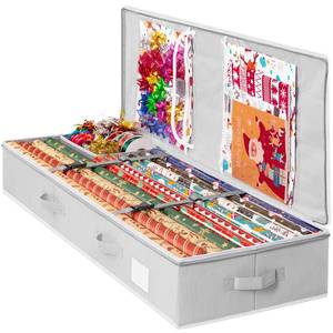 lot 1913 image: Criusia Christmas Gift Wrapping Paper Organizer Storage, Durable Underbed Storage Container Fits 24 Rolls, with Removable Dividers and Pockets for Ribbon, Ornaments, Holiday Accessories, Grey