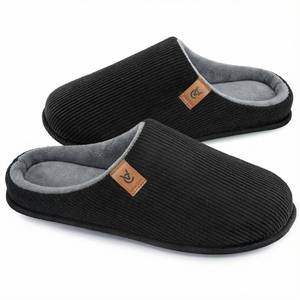 lot 1918 image: VeraCosy Mens Corduroy Slip-on Slippers Cozy Non-Slip Memory Foam Indoor House Shoes with Coral Fleece Lining Dark Black,13-14 US