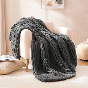 lot 1920 image: WRENSONGE Chunky Knit Blanket Throw Dark Grey Large Soft Fluffy Cable Knit Crochet Throw 100% Hand Knitted Blanket for Couch Bed(50x60)