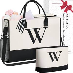 lot 1929 image: BAGAIL Initial Tote Bag, Personalized Birthday Gifts for Women, Teacher, Friends, Mom, Wedding, Monogrammed Beach Bag(Ivory-2pcs, W)