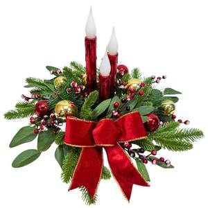 lot 1930 image: Svndlyn Xmas Decorations Christmas Floral Arrangement Centerpiece for Table Red Flameless Candles Glitter Ball Ornaments Red Berries Bow and Eucalyptus Leaves Holiday Winter Decor for Dining Room