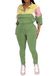 lot 2002 image: PINSV Womens 2 Piece Outfits Lapel Half Zip Long Sleeve Sweatshirts Sweatpants Tracksuit Casual Sweatsuits Yellow Green XL
