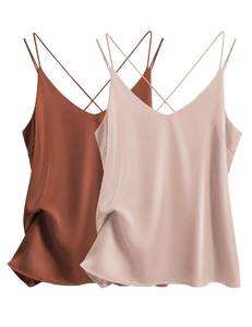 lot 2053 image: Ekouaer Womens 1-Pack Silk Satin Camisole Tank Top V Neck Sexy Cross Back Spaghetti Strap Cami Sleeveless Lounge Tops CaramelChampagne L