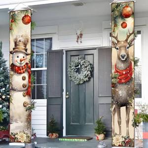 lot 2057 image: Christmas Porch Sign Banner Merry Christmas Snowman Deer Door Banner for Xmas Holiday Welcome Banner Winter Wall Stretching Portraits For Indoor Outdoor