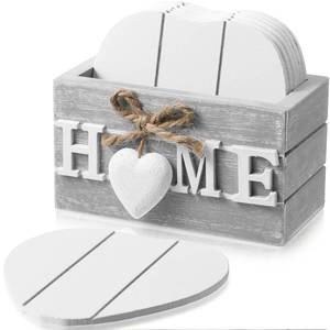 lot 2062 image: Patelai Set of 6 Wooden Heart Coasters House Warming Gifts New Home White Elephant Gifts for Adults Funny Farmhouse Coasters with Holder for Coffee Table Protection Decoration(Home,Grey)