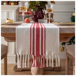 lot 2067 image: Christmas Valentines Table Runner 13 x 72 Inch for Dining Table, Boho Valentines Day Decorations, Coffee Table Runner with Handcrafted Tassels, red and Beige Stripe Table Runner for Holiday, Winter