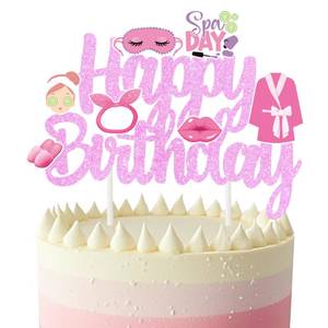 lot 2076 image: Spa Makeup Birthday Cake Topper Glitter Purple Spa Day Cake Decorations Makeup Themed Birthday Cake Picks Slumber Party Decorations for Girls Women Sleep Mask Sleepover Party Supplies