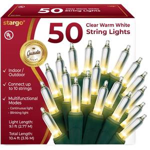 lot 2089 image: Clear Warm White Christmas Lights - 9 ft String of 50 Incandescent Mini Bulbs Multifunctional Lighting Modes, for Decorative, Bedroom, Outdoor, Xmas Twinkle Tree Lights with Green Wire Total 10.4 ft