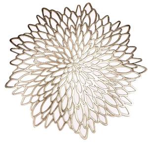 lot 2092 image: Snowkingdom 6 Pack Gold Placemats Metallic Pressed Vinyl Round Leaf Plastic Dinning Table Place Mats Fancy Decorative for Wedding Christmas Thanksgiving Holiday Spring Outdoor