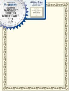 lot 2133 image: Geographics Parchment Certificates, 8-12 x 11, Serpentine Gold Foil, Pack Of 12