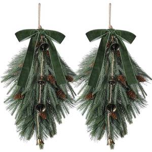 lot 2460 image: Shihanee 2 Pcs 24 Christmas Teardrop Swag Rustic Door Swag Teardrop Wreath Artificial Norfolk Pine Hanging Garland Greenery with Bell Velvet Bow for Outdoor Mantle Fireplace (Green,23.6 Inch)