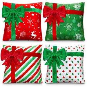 lot 2475 image: Kingdder Christmas Pillow Covers 18 x 18 Inch Set of 4 Farmhouse Xmas Throw Pillow Cases Gift Box Style Red Green White Snowflake Bow Decoration for Couch Holiday Sofa Cushion Decor