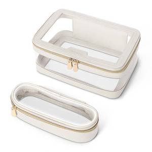 lot 3834 image: Soimeat Travel Clear Makeup Bag with Makeup Brush Bag, Leather Makeup Case Toiletry Bag, Portable Cosmetic Bag Case, Transparent Waterproof Cosmetic Organizer Storage Bag for Women, Medium, Off-White