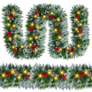 lot 3838 image: Christmas Garland with Lights - 9FT Pre-Lit Flocked Garland with 30 LED Bulbs, Red Berries, Pine Cones, Artificial Pine Battery Operated Garland for Fireplace, Staircase, Indoor & Outdoor Decoration