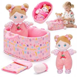 lot 3841 image: OUOZZZ 10 Soft Baby Doll Set with Plush Doll, Bassinet, Blanket and Bottle, Baby Doll Accessories Pretend Playset Emotional Social Doll for 2 Year Olds Girls Valentine Birthday Gift