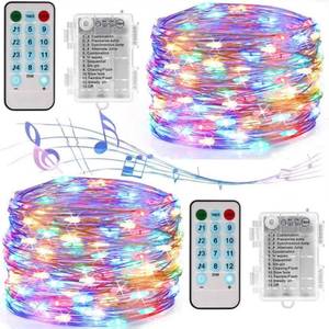 lot 4412 image: Dreamworth 2 Pack 12 Modes Sound Activated Music String Lights, Battery Operated 33Ft 100 LED Silver Wire Fairy Lights with Remote Timer for Bedroom Wedding Party Festival(Multicolor)