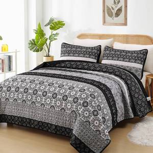 lot 5558 image: WONGS BEDDING Boho Quilt Set King, Bohemian Black Striped Patchwork Bedspread Coverlet Set with 2 Pillowcases,Lightweight Microfiber Floral Bedding Set 104�90