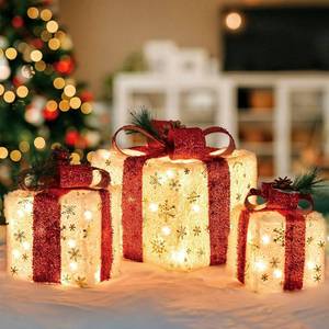 lot 5567 image: Set of 3 Christmas Lighted Gift Boxes, Pre-lit 60LED Light Up Present Boxes Ornament Outdoor, Boxes with Gold Snowflake, Battery Operated Christmas Decorations for Indoor Home, Party, Lawn Decor