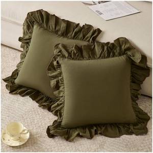 lot 6012 image: Zealax Olive Green Gorgeous Ruffle Throw Pillow Covers 18x18 Inch, Chic Washed Cotton Pillow Cases Decorative Vintage Pillow Shams Cushion Cover for Bed Couch Living Room Farmhouse Decor, Set of 2