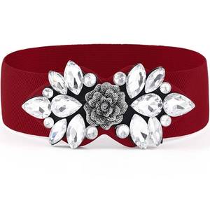 lot 6016 image: Wriidy Rhinestone Stretch Belt Wide Dressy Belt Women Elastic Crystal Belts Stylish Dress Waist Accessories for Girls (Red, Medium)