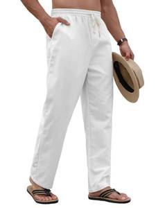 lot 6019 image: PLEPAN Mens Casual Linen Pants Beach Summer Elastic Waist Drawstring Lightweight Linen Trousers, White, US (38) XL
