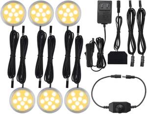 lot 6044 image: Meigour Puck Lighting, Efficent LED Cabinet Lights for Display Case Coset Accent Lighting, Rotary Dimmer, AC110V Wall Plug in, Black Cords, 6 Lights, Warm White