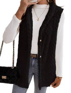 lot 6050 image: ZAFUL Long Vest for Women Sleeveless Button Down Plush Hooded Vest Winter Outerwear Vest Coat(1-black,S)